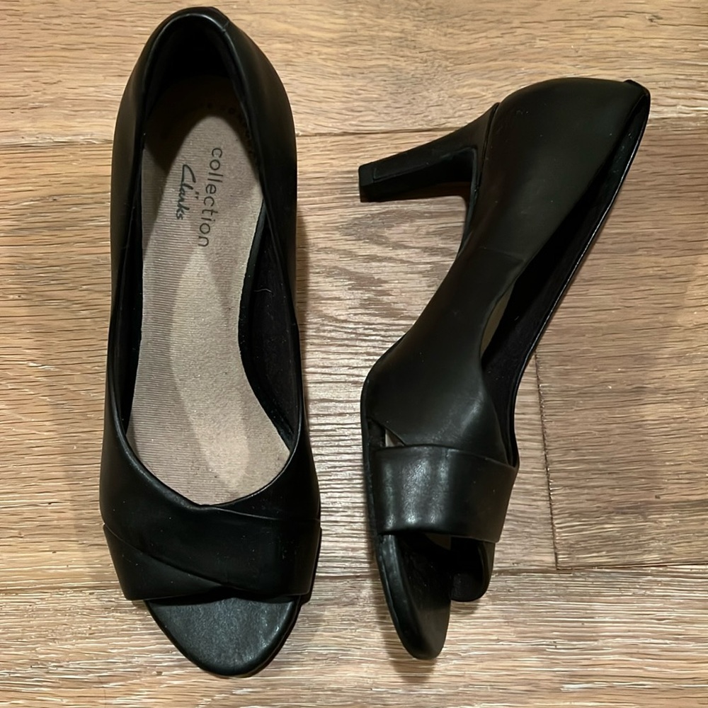 Clarks Black Peep-Toe Mid-Heel Pumps